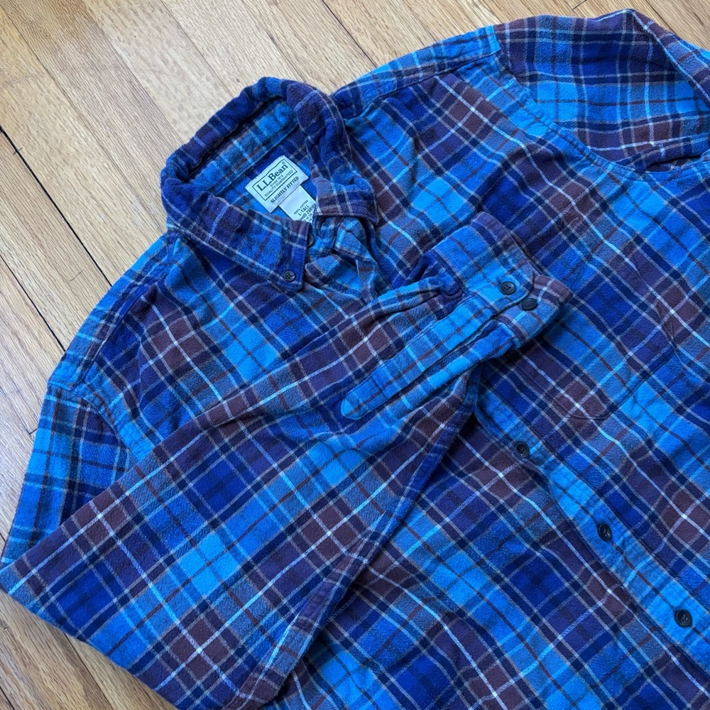 L.L. Bean Casual Blue Brown Plaid Flannel Shirt Large Tall Slightly Fitted
